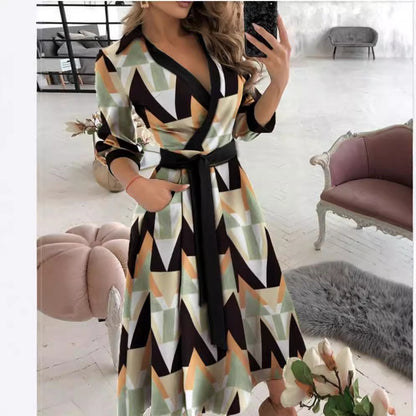 Printed Wrap Midi Dress with Shirt Collar and 3/4 Sleeves