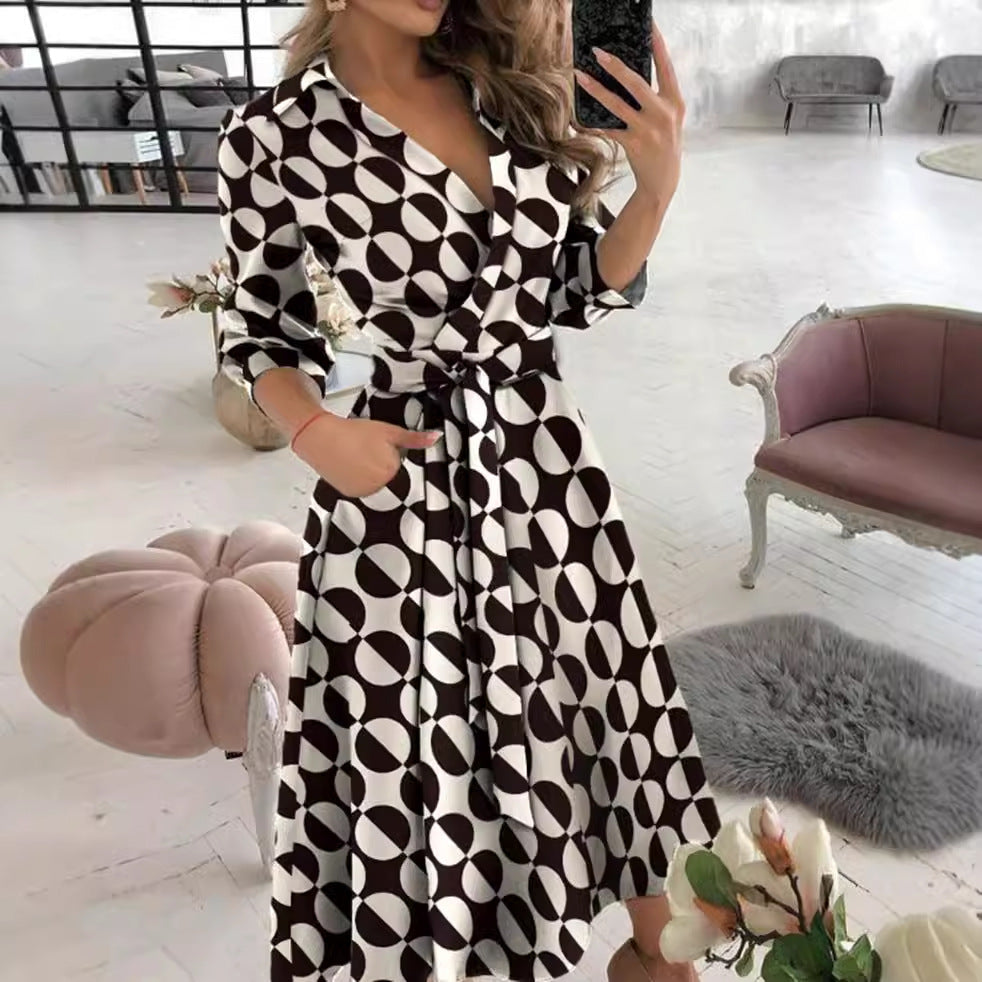 Printed Wrap Midi Dress with Shirt Collar and 3/4 Sleeves