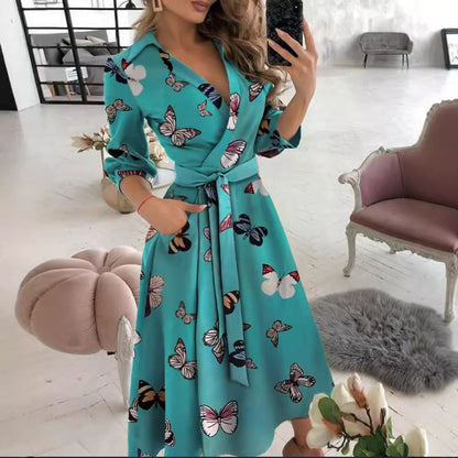Printed Wrap Midi Dress with Shirt Collar and 3/4 Sleeves