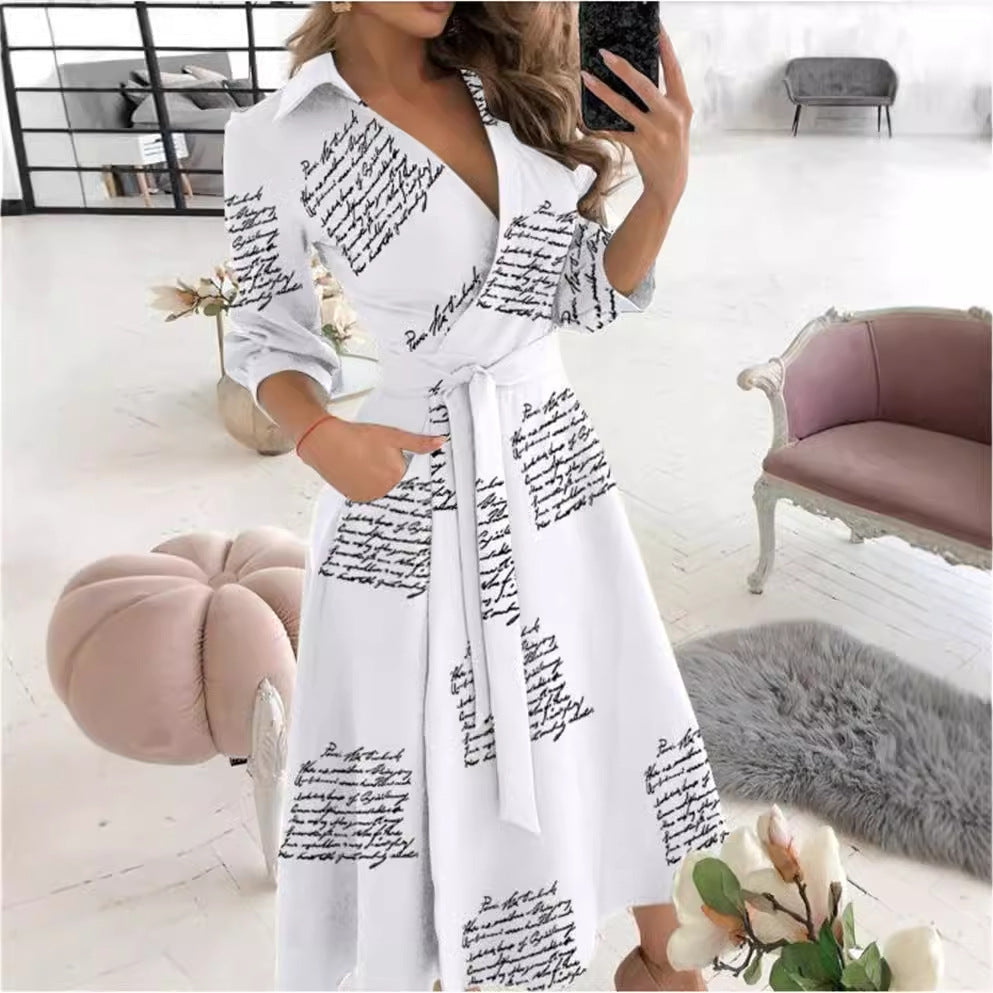 Printed Wrap Midi Dress with Shirt Collar and 3/4 Sleeves