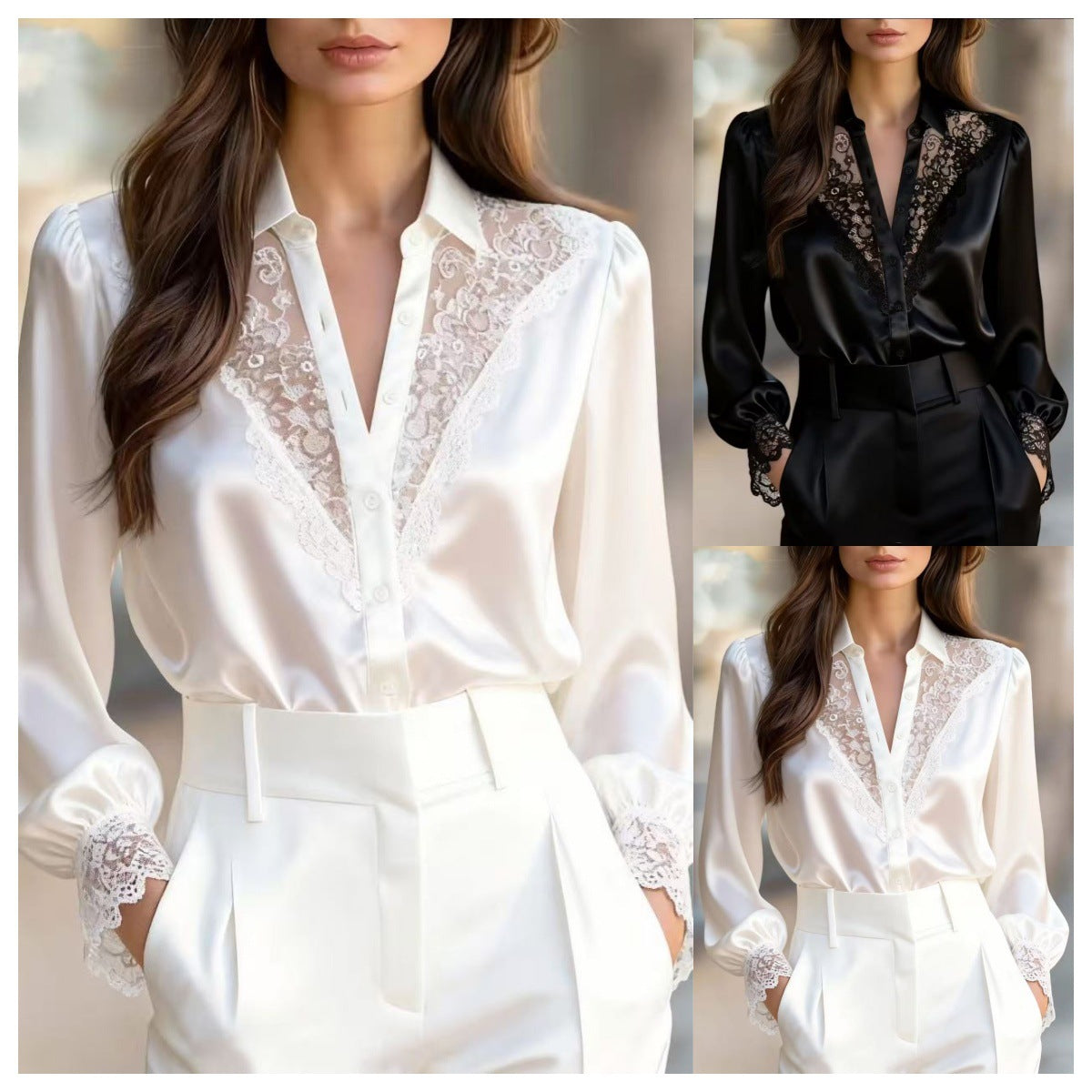 Solid Satin Blouse with Lace V-Neck and Puff Sleeves