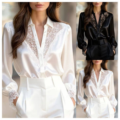 Solid Satin Blouse with Lace V-Neck and Puff Sleeves