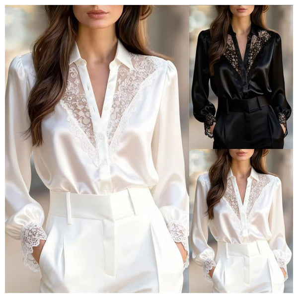Solid Satin Blouse with Lace V-Neck and Puff Sleeves