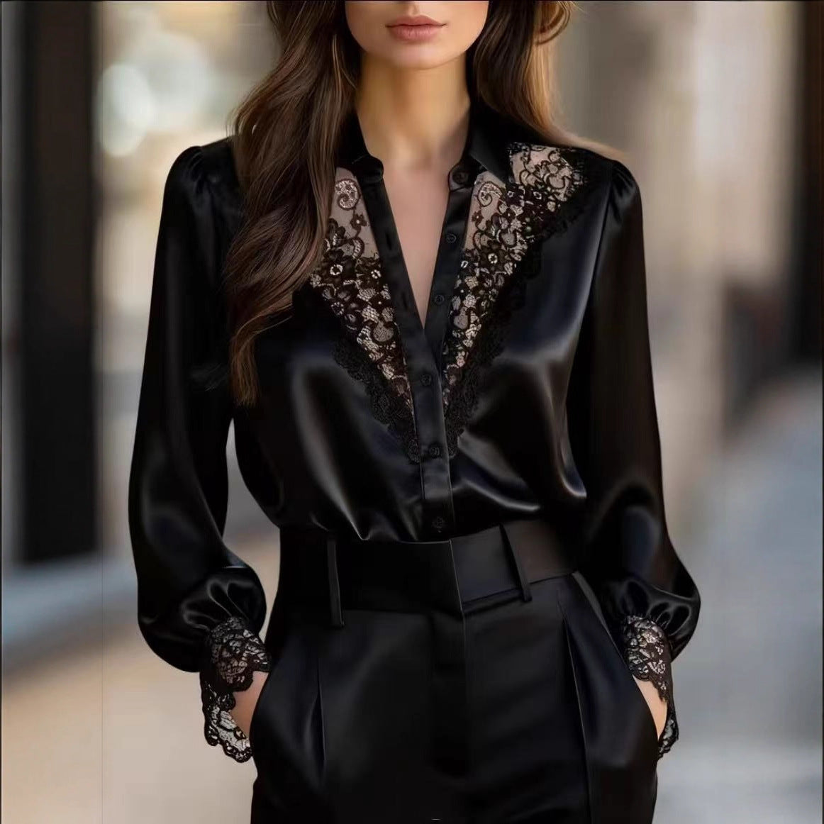 Solid Satin Blouse with Lace V-Neck and Puff Sleeves