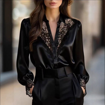 Solid Satin Blouse with Lace V-Neck and Puff Sleeves