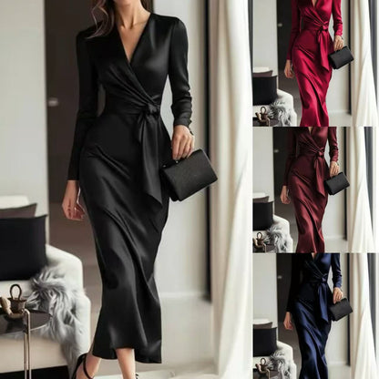 Satin V-Neck Wrap Midi Dress with Long Sleeves and Tie Waist