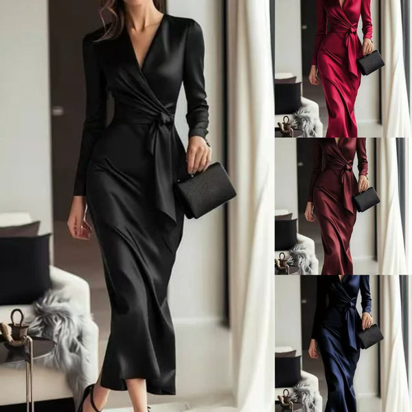 Satin V-Neck Wrap Midi Dress with Long Sleeves and Tie Waist