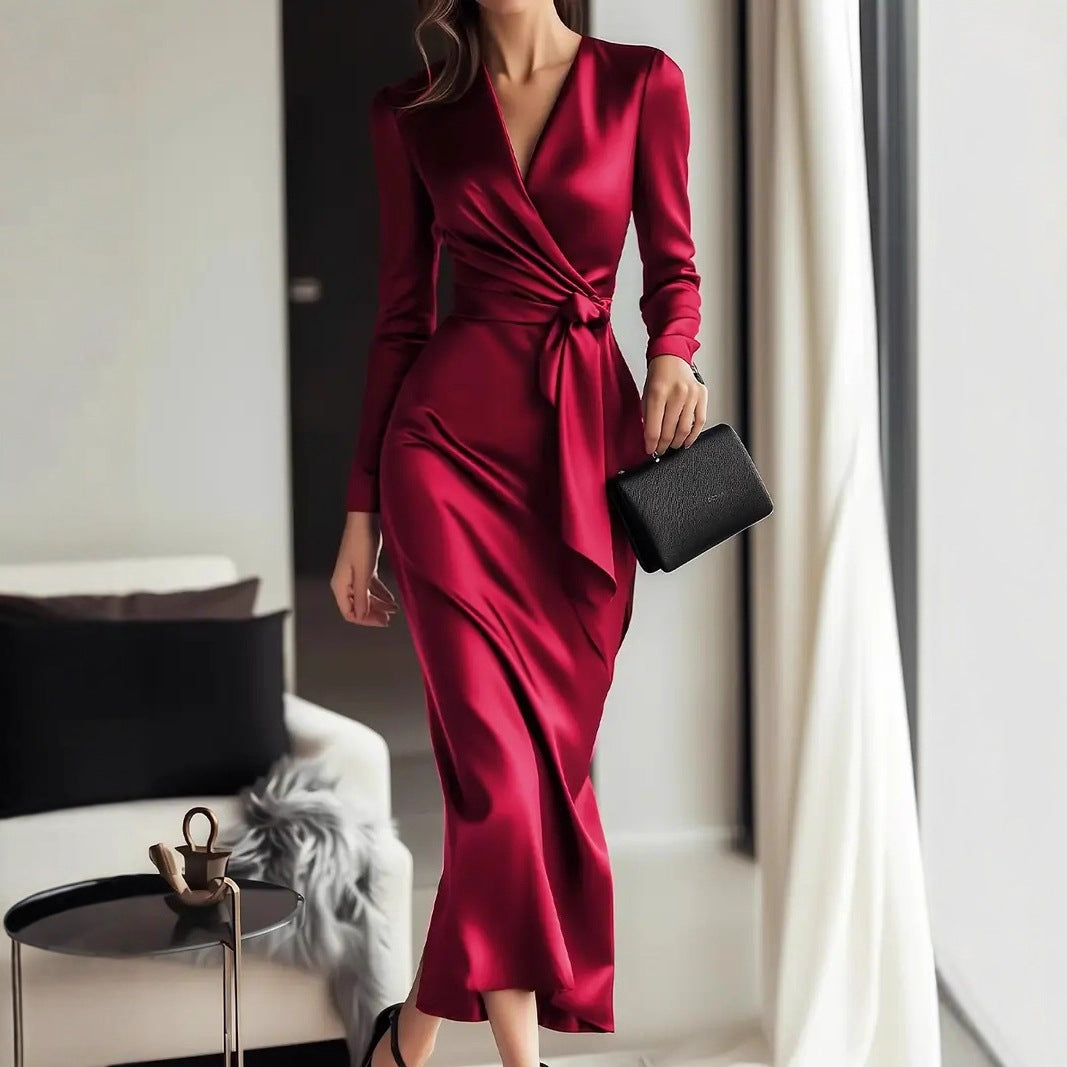 Satin V-Neck Wrap Midi Dress with Long Sleeves and Tie Waist