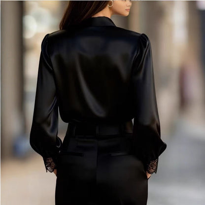 Solid Satin Blouse with Lace V-Neck and Puff Sleeves