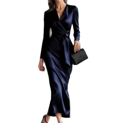 Satin V-Neck Wrap Midi Dress with Long Sleeves and Tie Waist
