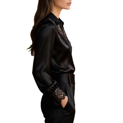 Solid Satin Blouse with Lace V-Neck and Puff Sleeves