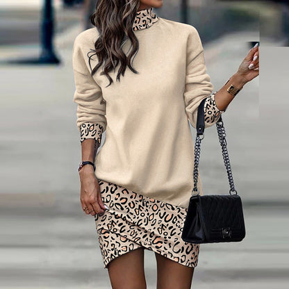 Spliced Mock Neck Dress with Irregular Leopard Hem