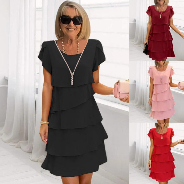 Tiered Dress with Short Sleeves and Round Neck