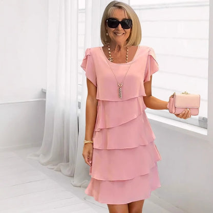 Tiered Dress with Short Sleeves and Round Neck
