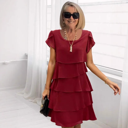 Tiered Dress with Short Sleeves and Round Neck