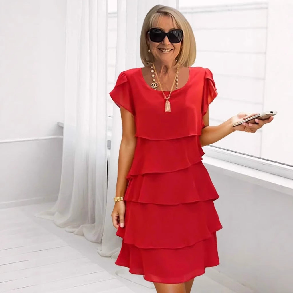 Tiered Dress with Short Sleeves and Round Neck