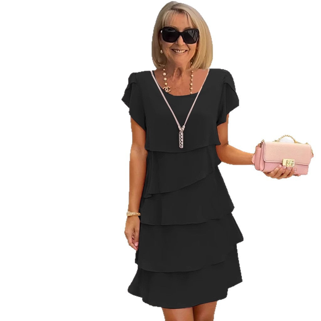 Tiered Dress with Short Sleeves and Round Neck