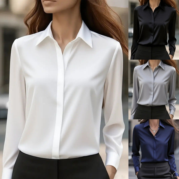 Classic Fit Solid Long-Sleeve Blouse in Silky Polyester