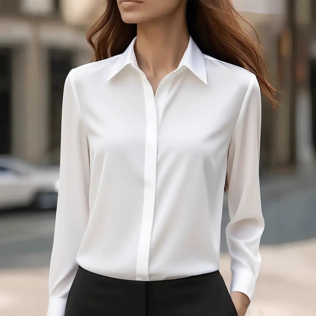 Classic Fit Solid Long-Sleeve Blouse in Silky Polyester