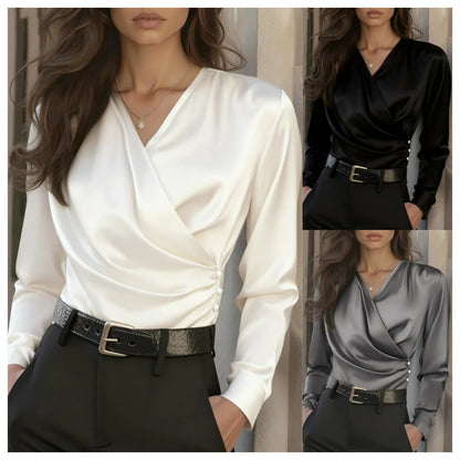 Satin-Look Long Sleeve Blouse with Draped Wrap Front