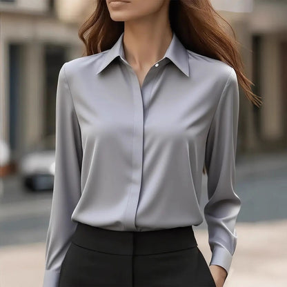 Classic Fit Solid Long-Sleeve Blouse in Silky Polyester