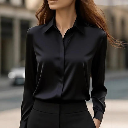 Classic Fit Solid Long-Sleeve Blouse in Silky Polyester