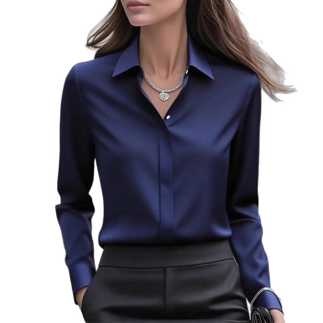 Classic Fit Solid Long-Sleeve Blouse in Silky Polyester