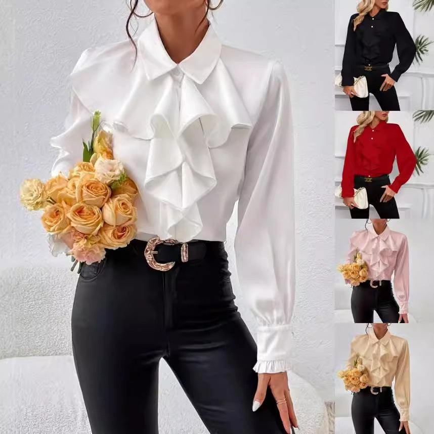 Lapel Collar Blouse with Cascading Ruffles