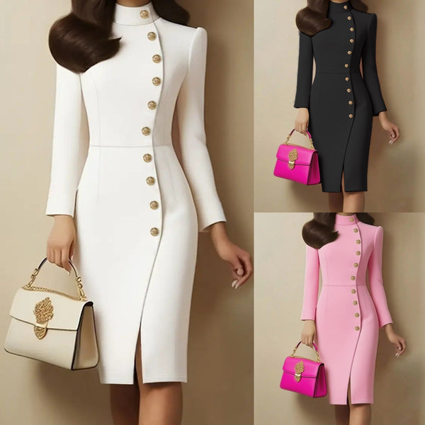 Sheath Midi Dress with Stand Collar, Button Front & Slit