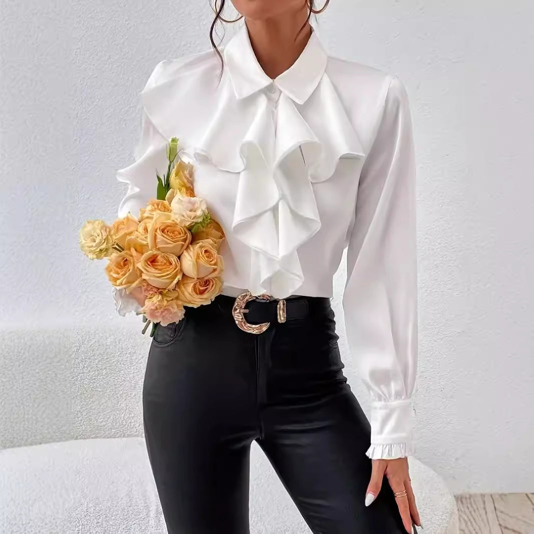 Lapel Collar Blouse with Cascading Ruffles