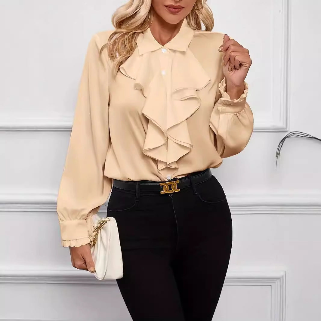 Lapel Collar Blouse with Cascading Ruffles
