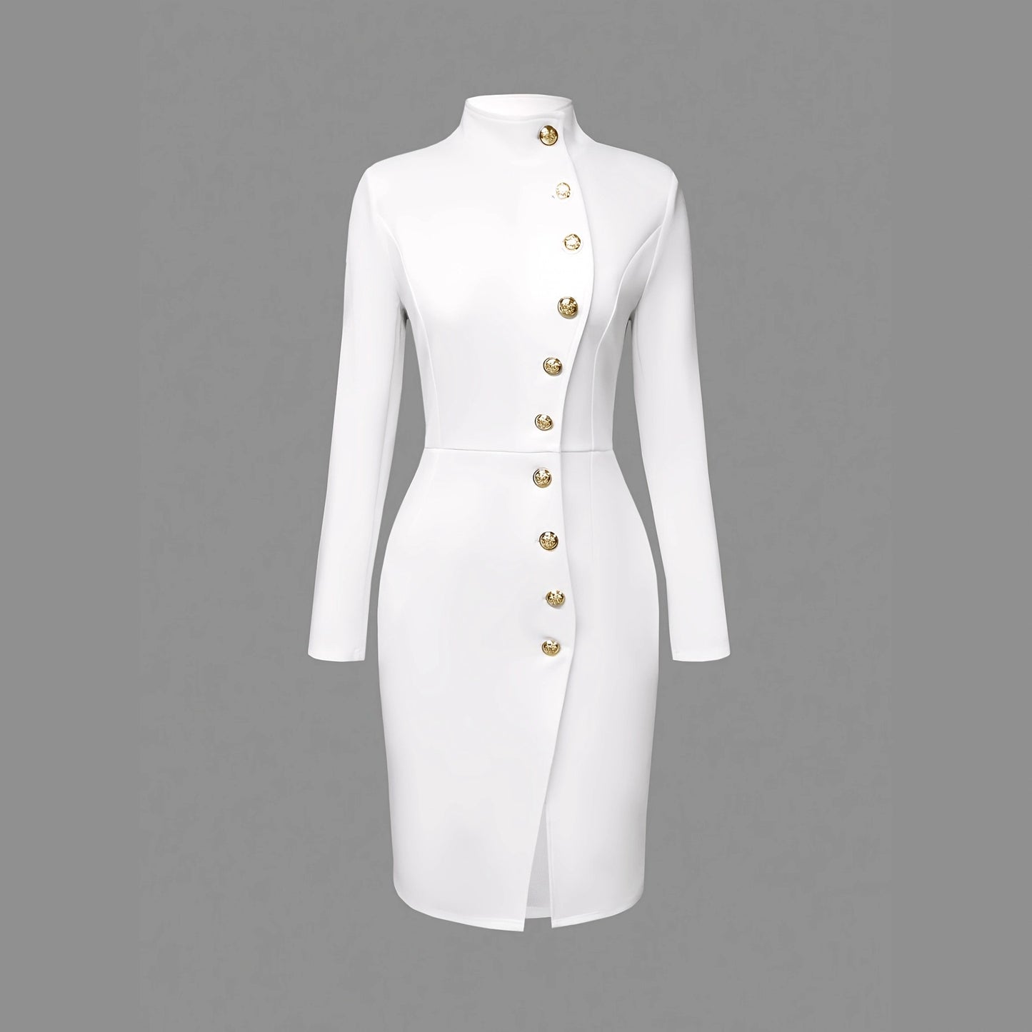 Sheath Midi Dress with Stand Collar, Button Front & Slit