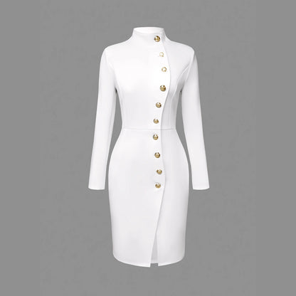 Sheath Midi Dress with Stand Collar, Button Front & Slit