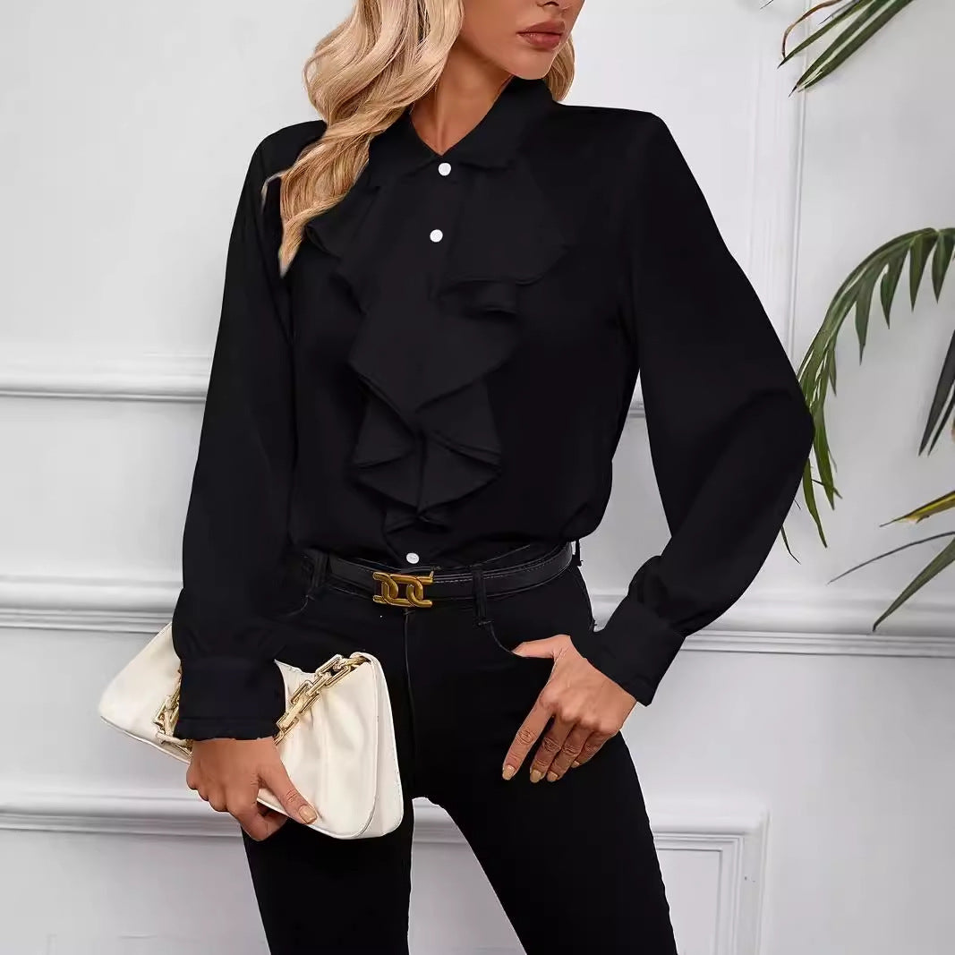 Lapel Collar Blouse with Cascading Ruffles