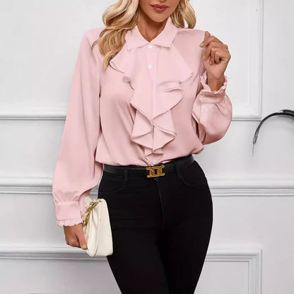 Lapel Collar Blouse with Cascading Ruffles