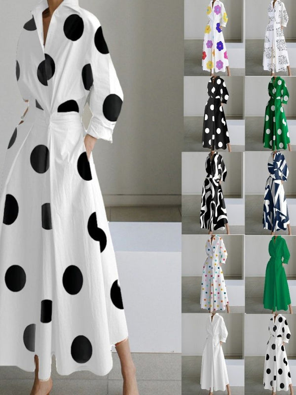 Polka Dot Maxi Shirt Dress with Nine-Quarter Sleeves