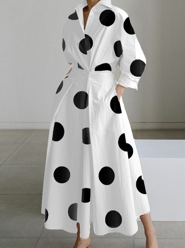 Polka Dot Maxi Shirt Dress with Nine-Quarter Sleeves