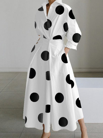 Polka Dot Maxi Shirt Dress with Nine-Quarter Sleeves