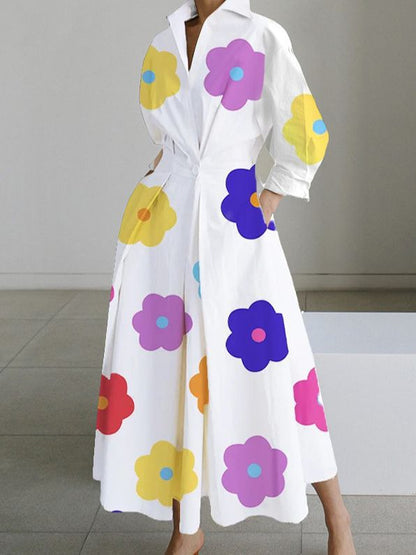 Polka Dot Maxi Shirt Dress with Nine-Quarter Sleeves