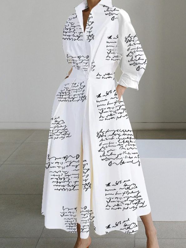 Polka Dot Maxi Shirt Dress with Nine-Quarter Sleeves