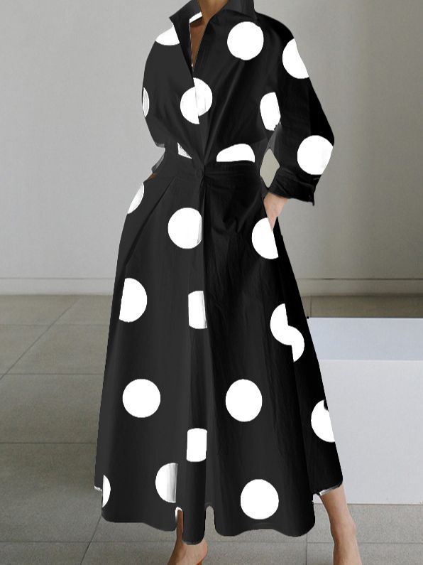 Polka Dot Maxi Shirt Dress with Nine-Quarter Sleeves