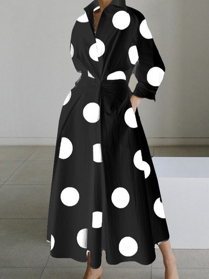 Polka Dot Maxi Shirt Dress with Nine-Quarter Sleeves