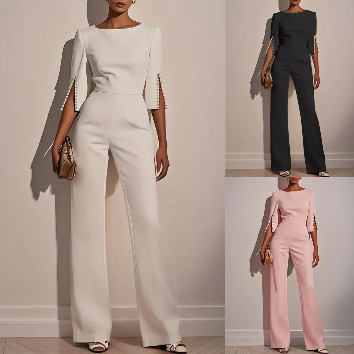 Wide-Leg Jumpsuit with Three-Quarter Pearl Split Sleeves