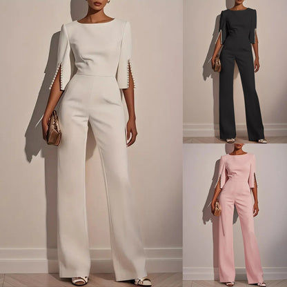 Wide-Leg Jumpsuit with Three-Quarter Pearl Split Sleeves