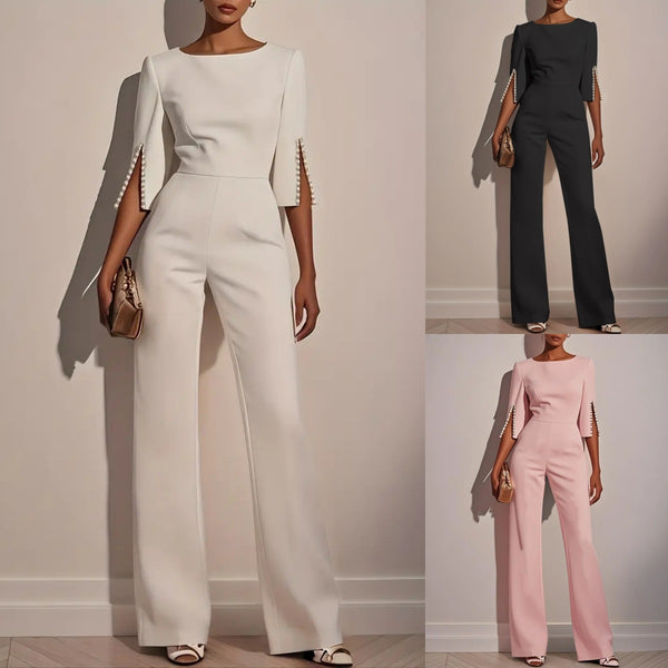 Wide-Leg Jumpsuit with Three-Quarter Pearl Split Sleeves