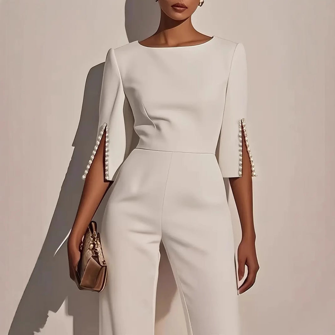 Wide-Leg Jumpsuit with Three-Quarter Pearl Split Sleeves