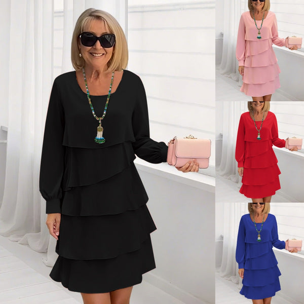 Tiered Ruffle Dress with Round Neck and Long Sleeves