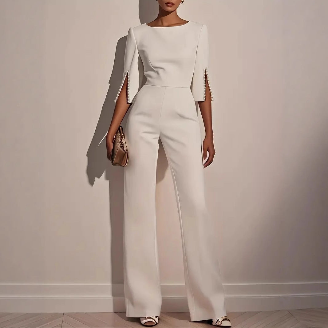 Wide-Leg Jumpsuit with Three-Quarter Pearl Split Sleeves
