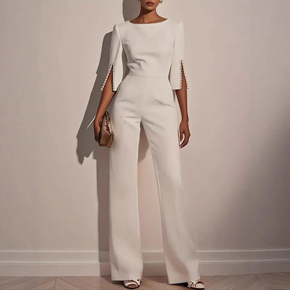 Wide-Leg Jumpsuit with Three-Quarter Pearl Split Sleeves