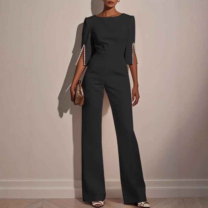 Wide-Leg Jumpsuit with Three-Quarter Pearl Split Sleeves